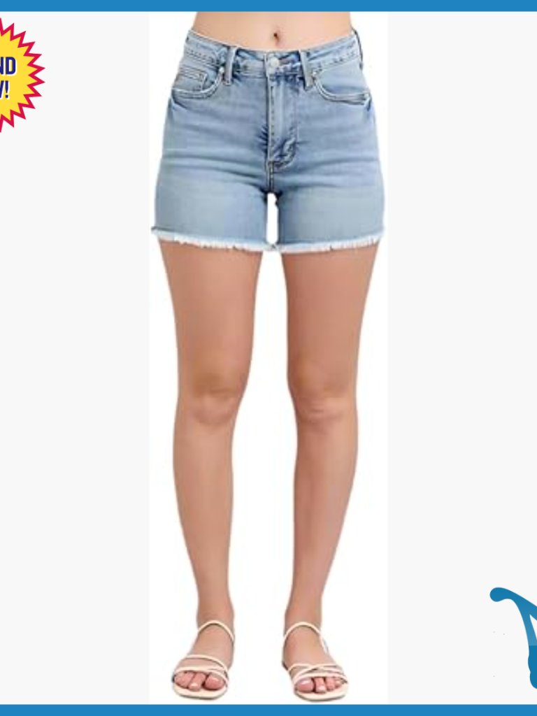 Tummy Control Raw Hem Denim Shorts With 4-Way Stretch